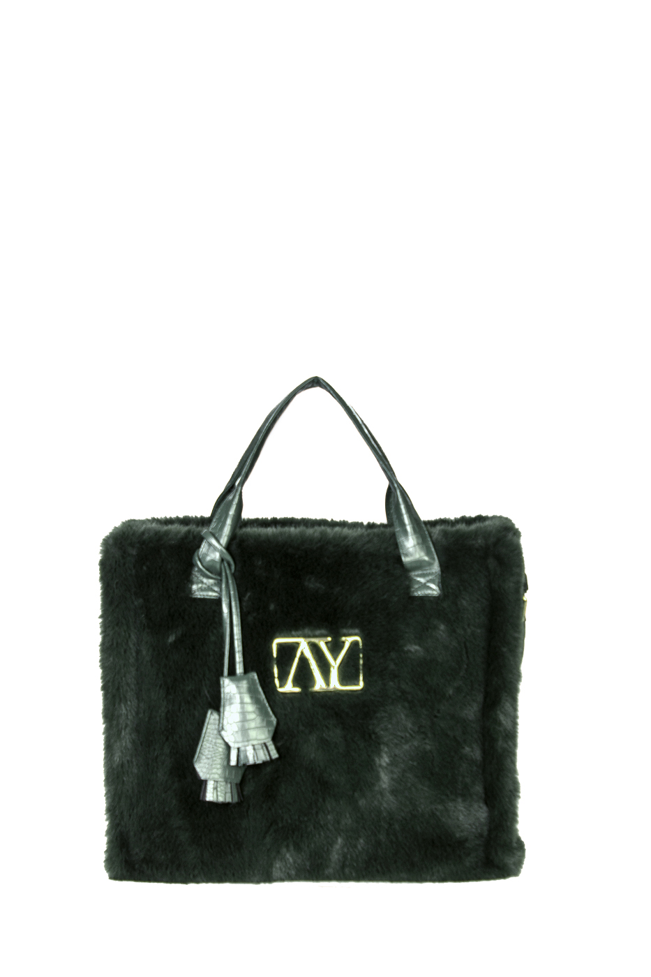 BORSA FAKE FUR CON LOGO E MANICO ECOPELLE, 35X30X15 - DARK GREEN